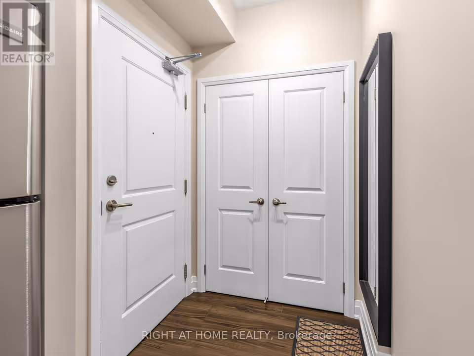 Inside the suite, a white panelled entry door with a lever handle and a door closer stands at left, next to a pair of white panelled double doors. A tall black-framed mirror hangs on the right wall above a woven doormat on dark laminate flooring, and the edge of a stainless steel fridge shows at far left.