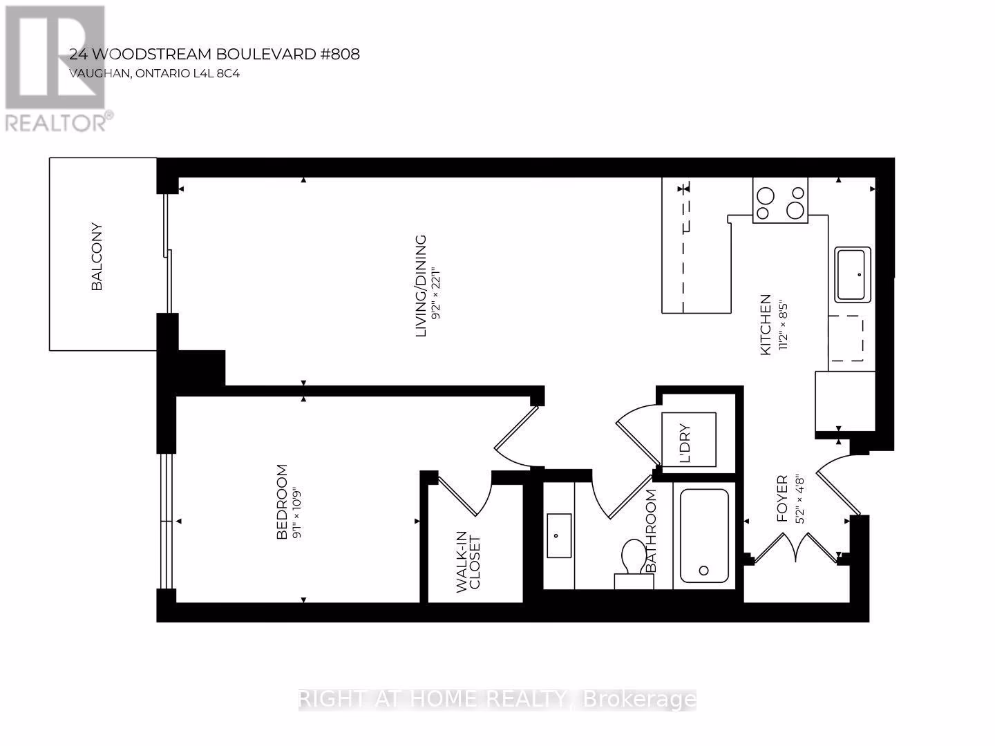 Floor plan of Suite 808. A long living and dining room runs along the top of the plan with the balcony at its left end. The kitchen is at the right, the foyer below it, and the bedroom, walk-in closet and bathroom run along the bottom.
